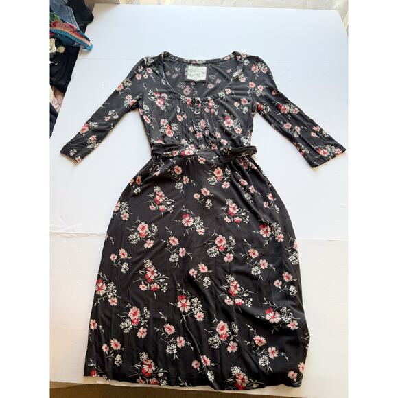 Fat Face Floral Midi Dress Women’s Size 10 Black Pink Print 3/4 Sleeve Scoop - Picture 7 of 15
